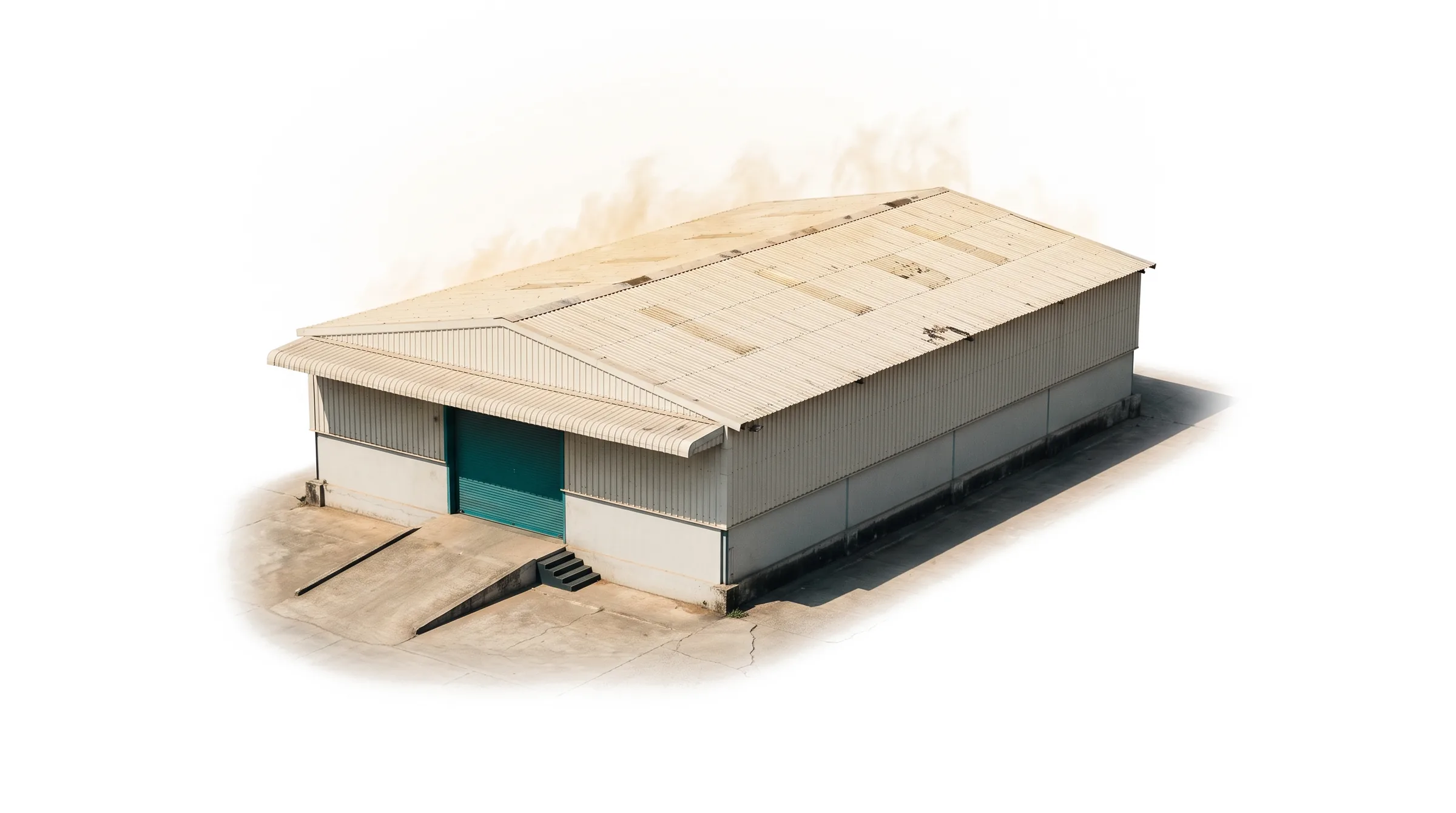 A warehouse with a pale metal roof and teal loading door in midday heat